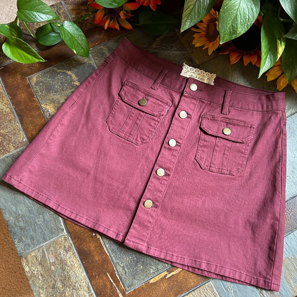 Altar’d State Burgundy Stretch Denim Button-Front Mini Skirt - Picture 2 of 7